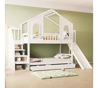 Litera para niños, litera para niños, 90 x 200 cm con tobogán, cama alta de matrimonio, cama infantil en forma de casa con escalera portaobjetos, 2 cajones, puertas de arco y ventanas curvadas
