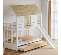 Litera para niños, litera para niños de 3 plazas con cama extraíble, 90 x 200 cm, cama infantil con forma de casa con tobogán, cama alta de matrimonio con 2 cajones, ventana, natural