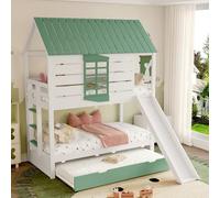 Litera para niños, litera para niños de 3 plazas con cama extraíble, 90 x 200 cm, cama infantil en forma de casa con tobogán, cama alta de matrimonio con 2 cajones, ventana, blanco + verde
