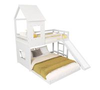Litera tobogán, cama-casita infantil, puerta seguridad, techo, ventana, escalera 3 peldaños, pino+mdf, blanco, 90/140x200cm
