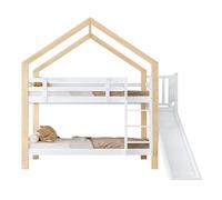 Litera tobogán, escalera 3 peldaños inclinada, cama-casita infantil, protección, madera maciza, blanco+natural, 90x200cm