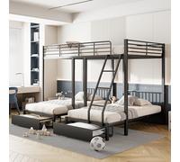 Litera triple con cajones, marco de cama de metal, convertible en cama doble de 140 x 200 cm y 2 camas individuales de 90 x 200 cm, cama multifuncional de metal, color negro
