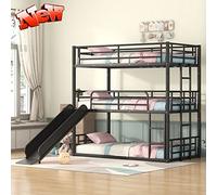 Litera triple de metal grueso de tamaño matrimonial con tobogán, litera triple de acero resistente más fuerte dividida en una plataforma y cama alta (blanco, matrimonial) (negro individual)