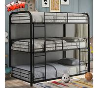 Litera triple de metal grueso de tamaño matrimonial sobre matrimonial, camas triples de acero más fuerte y resistente, tamaño matrimonial con escaleras para niños y adultos, fácil montaje (negro