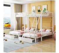 Litera triple, estructura de metal, 140x200cm y 2 camas de 90x200cm, con escalera y 2 cajones, somier incluido, color blanco