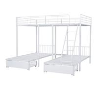 Litera triple resistente con barandillas y escalera, tamaño individual para 3 personas, ideal para adolescentes y adultos, sin necesidad de somier, color blanco.