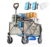 Litheli Carretilla eléctrica plegable, con neumáticos de 20 cm, capacidad de 200 l, carga de 60 kg, 2 frenos, adecuado para camping, jardín, playa, compras beige (2 baterías + cargador)