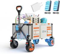 Litheli Carro eléctrico plegable con doble motor y frenos, carretilla plegable de 150L y 60KG, apto para camping, jardín, playa, compras (Beige, W2 Pro & Cargador)