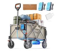 Litheli - Carro eléctrico plegable con frenos, 200 L, 60 kg, apto para camping, jardín, playa, carreras (beige, 2 baterías + mesa + cargador