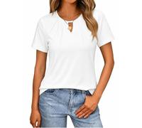 Litherday Camiseta Mujer Elástica Lisa Cuello Redondo Escote con Ojal Pliegues en el Cuello Manga Corta Transpirable Slim Fit Elegante Casual Verano para Negocio Oficina Diario, Blanco, XXL