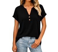 Litherday Camiseta Mujer Elegante Henley con Botones Manga Corta Arremangada Cuello V Oversize Loose Fit Verano Algodón Transpirable Casual Top Holgada, Negro, XL