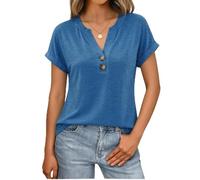 Litherday Camiseta Mujer Lisa con Botones Cuello V Manga Corta Arremangada Oversize Loose Fit Verano Algodón Transpirable Cómodo Casual Básico, Azul Real, L