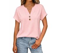 Litherday Camiseta Mujer Lisa con Botones Cuello V Manga Corta Arremangada Oversize Loose Fit Verano Algodón Transpirable Cómodo Casual Básico, Rosa, L