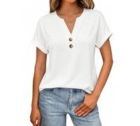 Litherday Camiseta Mujer Lisa con Botones Cuello V Manga Corta Arremangada Oversize Loose Fit Verano Algodón Transpirable Cómodo Casual Básico, Blanco, L