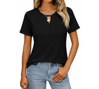 Litherday Camiseta Mujer Transpirable Elástica Cuello Redondo Escote con Ojal Pliegues en el Cuello Manga Corta Lisa Elegante Casual Regular Fit Verano para Negocio Oficina Diario, Negro, M