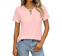 Litherday Camiseta Mujer Transpirable Elástica Cuello Redondo Escote con Ojal Pliegues en el Cuello Manga Corta Lisa Elegante Casual Regular Fit Verano para Negocio Oficina Diario, Rosa, M