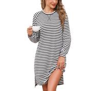 Litherday Camisón Mujer Algodón Manga Larga Camisónes Rayas con Cuello Redondo Ropa de Dormir Suave y Cómoda Pijama Vestido Invierno