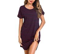 Litherday Camisón Mujer Algodón Verano Camisones Cortos de Rayas con Bolsillos Camisón de Manga Corta Suave para Dormir Ropa de Casa Azul Rojo-Rayas Finas XL