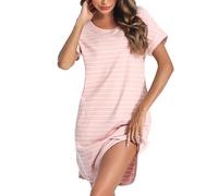 Litherday Camisón Mujer Algodón Verano Camisones Cortos de Rayas con Bolsillos Camisón de Manga Corta Suave para Dormir Ropa de Casa Blanco Rosa-Rayas Finas XL