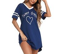 Litherday Camisón Mujer Algodón Verano con Cuello en V y Estampado Adorable Pijama de Manga Corta Cómoda y Suelta Ropa de Dormir, Azul Oscuro, XL