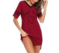 Litherday Camisón Mujer Algodón Verano con Cuello en V y Estampado Adorable Pijama de Manga Corta Cómoda y Suelta Ropa de Dormir, Vino Tinto, S