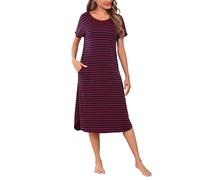Litherday Camisón Mujer Largo Algodón Verano con Bolsillos Camiseta Dormir Rayas Manga Corta Suave Cómodo y Fresco para Casa y Dormir Tallas Grandes,Azul Oscuro Rojo, S