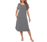 Litherday Camisón Mujer Largo Algodón Verano con Bolsillos Camiseta Dormir Rayas Manga Corta Suave Cómodo y Fresco para Casa y Dormir Tallas Grandes,Gris Oscuro y Blanco, M