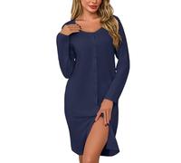 Litherday Camisón Mujer Manga Larga Algodón con Botones Cuello Redondo Bata de Dormir Pijama Invierno Premamá Lactancia Suave y Cómodo