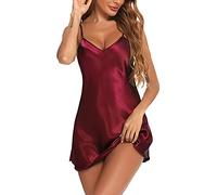 Litherday Camisón Satén Mujer Sexy Corto Verano con Cuello en V y Tirantes Ajustables - Ropa de Dormir Ligera y Suave para Novia y Mujer, Rojo Oscuro, 3XL