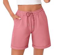 Litherday Pantalones Cortos Mujer Deporte Verano Shorts Pantalón Deportivo Corto Mujer Algodón Chandal Mujer de Cintura Alta y Fitness Mujer con Cintura y Cordón para Jogging Yoga Rosa Roja L