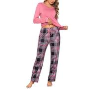 Litherday Pijama de Invierno para Mujer, Conjunto de Algodón Manga Larga, Ropa de Dormir con Cuello en V, Bolsillos y Cordón, Rosa, L