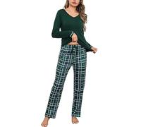 Litherday Pijama de Mujer Invierno Algodón Conjunto Manga Larga Ropa de Dormir con Cuello en V, Bolsillos y Cordón, Verde Oscuro, L