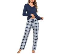 Litherday Pijama de Mujer Invierno Algodón Conjunto Manga Larga Ropa de Dormir con Cuello en V, Bolsillos y Cordón, Azul, L
