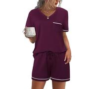 Litherday Pijama Mujer Corto Conjunto de Pijama de Algodón Verano Pijamas Mujer Camisetas de Encaje y Pantalón con Bolsillos y Cordón Suave y Cómodo Violeta Oscuro XXL