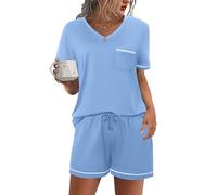 Litherday Pijama Mujer Corto Conjunto de Pijama de Algodón Verano Pijamas Mujer Camisetas de Encaje y Pantalón con Bolsillos y Cordón Suave y Cómodo Violeta Oscuro XL