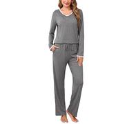 Litherday Pijama Mujer Invierno Algodón Conjunto de 2 Piezas con Cuello en V Pantalon y Manga Larga Ropa para Dormir Cómoda con Bolsillos y Cordón Tallas Grandes