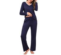 Litherday Pijama Mujer Invierno Algodón Conjunto de 2 Piezas con Cuello en V Pantalon y Manga Larga Ropa para Dormir Cómoda con Bolsillos y Cordón Tallas Grandes
