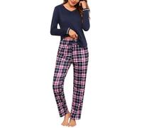 Litherday Pijama Mujer Invierno Pijama de Mujer Algodón Conjunto de Pijamas para Mujer Manga Larga Ropa de Dormir para Mujer con Cuello en V con Bolsillos y Cordón, Azul Marino,M
