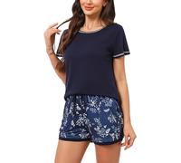 Litherday Pijama Mujer Verano Algodón Manga Corta Conjunto de Pijamas Cómodo y Transpirable con Cuello Redondo y Pantalones Cortos Ropa para Dormir con Bolsillos y Cordón, Azul Oscuro, L