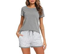 Litherday Pijama Mujer Verano Algodón Manga Corta Conjunto de Pijamas Cómodo y Transpirable con Cuello Redondo y Pantalones Cortos Ropa para Dormir con Bolsillos y Cordón, Gris, L
