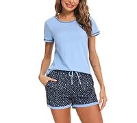 Litherday Pijama Mujer Verano Algodón Manga Corta Conjunto de Pijamas Cómodo y Transpirable con Cuello Redondo y Pantalones Cortos Ropa para Dormir con Bolsillos y Cordón, Azul, XXL