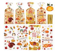 Litmitfu 100 bolsas de regalo de Acción de Gracias, bolsas de regalo de plástico para otoño, Acción de Gracias, bolsa de celofán transparente con lazos dorados para regalos de fiesta de Acción de