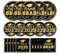 Litmitfu Juego de 150 platos y servilletas de graduación 2025, color negro y dorado, felicitaciones, clase de graduación de 2025, platos de papel para postre, servilletas para decoración de fiesta de