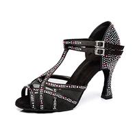 LITNERMIA Mujer T-Strap Malla Rhinestone Salón de Baile Latinoamericano Zapatos de baile Sandalias de baile, Negro 9cm Tacón, 39.5 EU