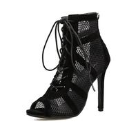 LITNERMIA Mujeres Bailar Botas Fiesta Espectáculo Sala de banquete Atadura Zapatos Malla Baile latino Con Puntera Abierta,L446A Negro 10cm Tacón,38 EU