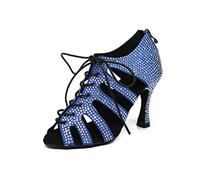 LITNERMIA Zapatos de mujer con cordones Sexy Cut-Out Cristales Satén Latinoamericano Danza Zapatos Social Sandalias, Al486 Azul Tacón de 9 cm, 39.5 EU