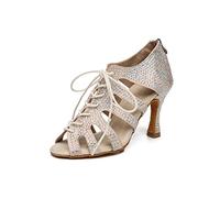 LITNERMIA Zapatos de mujer con cordones Sexy Cut-Out Cristales Satén Latinoamericano Danza Zapatos Social Sandalias, Al486 Beige 9 cm Tacón, 39.5 EU