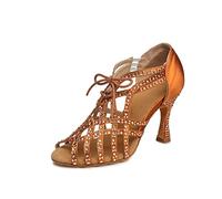 LITNERMIA Zapatos de mujer con cordones Sexy Cut-Out Cristales Satén Latinoamericano Danza Zapatos Social Sandalias, Al460 marrón tacón de 9 cm, 34.5 EU