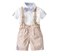Lito Angels Conjunto de Trajes de Tirantes de 4 Piezas con Pajarita, Camisa y Pantalones Cortos para Bebe Niño Talla 12-18 Meses, Caqui