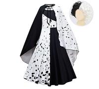Lito Angels Disfraz de Cruella con Capa y Peluca de Pelo, Vestido de Lunares Dálmatas en Blanco y Negro para Niñas, Talla 7-8 años
